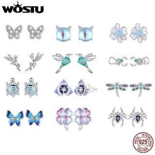 WOSTU 925 Sterling Silver Mini Flower Butterfly Bird Bee Stud Brincos Arco-Íris Pedra Da Lua Kitty Cat Eards Jóias Festa Menina
