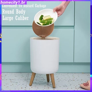 [Pronto] Lata de lixo de imitação de pé alto Lixeira Mesa de plástico de madeira com tampa de pressão Lixeira Sala de estar Banheiro Balde de cozinha 2l / 7l