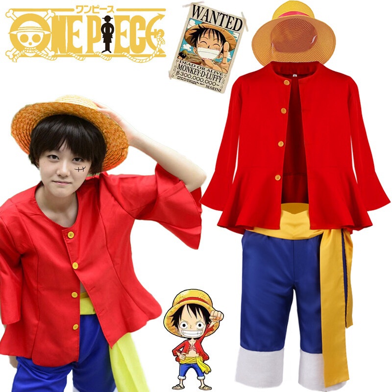 One Piece Monkey D. Luffy Anime Cosplay Costume Red Top Blue Pants