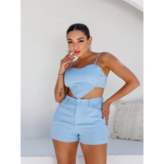 MSUNMODA Conjunto Top Coraçao Aplicação de Strass e Short Alfaiataria Elastico Na Costa