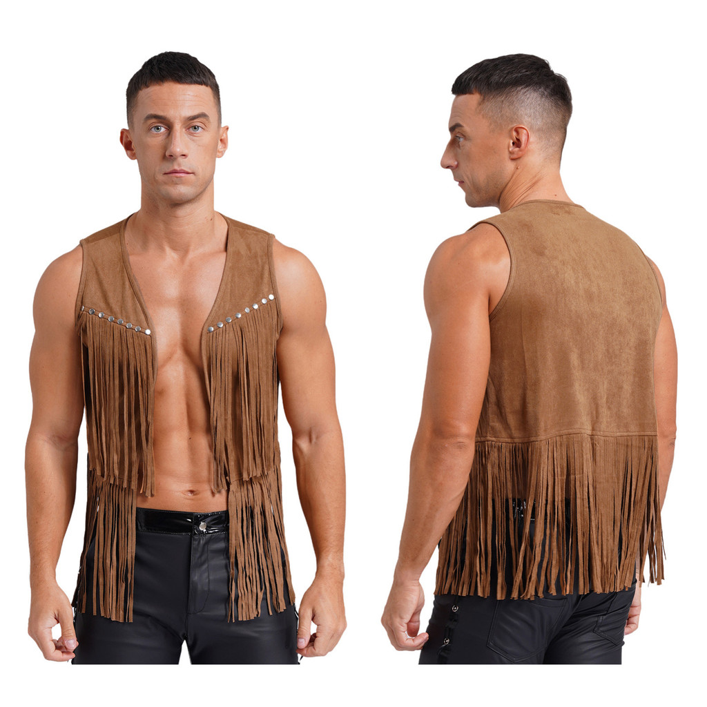 Aislor Men Faux Suede Tassel Vest Fashion Rivets Fringe Waistcoat