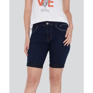 Bermuda Jeans Feminina Barra Dobrada Azul Escuro