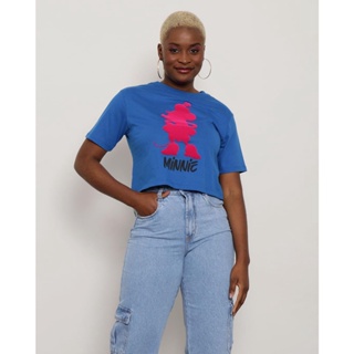 Camiseta Feminina Manga Curta Cropped Disney Estampa Flocada Minnie Azul
