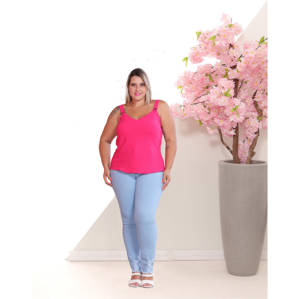 Join Curves Blusa Regata Plus Size Rosa Chiclete Amarração nas Costas 