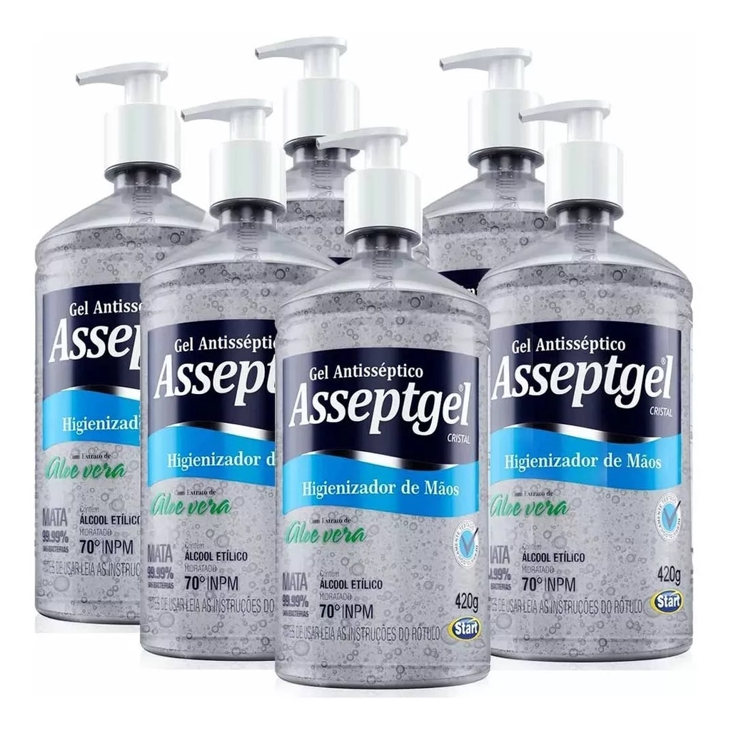Kit 6 Álcool Gel Antisséptico 70º Inpm 420g Asseptgel Start