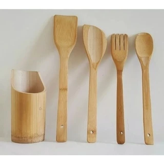 1 Kit Colher De Pau Utensílios Em Bambu 5 (4 talheres + suporte) Peças