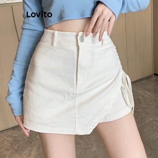 Lovito Shorts Casuais Simples Com Zíper Franzido Para Mulheres LNA27326 (Branco)