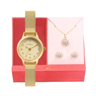 Relógio de Pulso Feminino Condor Dourado Analógico Original Colar e Brincos Presente CO2035MZS/K4K