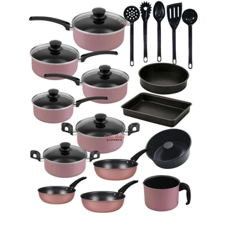Conjunto kit Jogo de panelas Rose 18 peças Antiaderente Teflon Com Tampa de Vidro utensílios Cozinha
