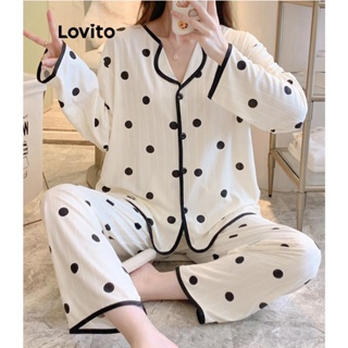 Lovito Conjuntos De Pijama Casual Com Costura De Tecido De Bolinhas Para Mulheres LNE41334