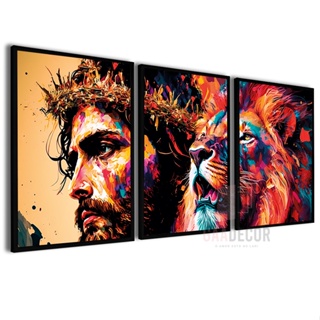 3 Quadros Decorativos Sala Leão de Judá Bíblia Yeshua Cruz