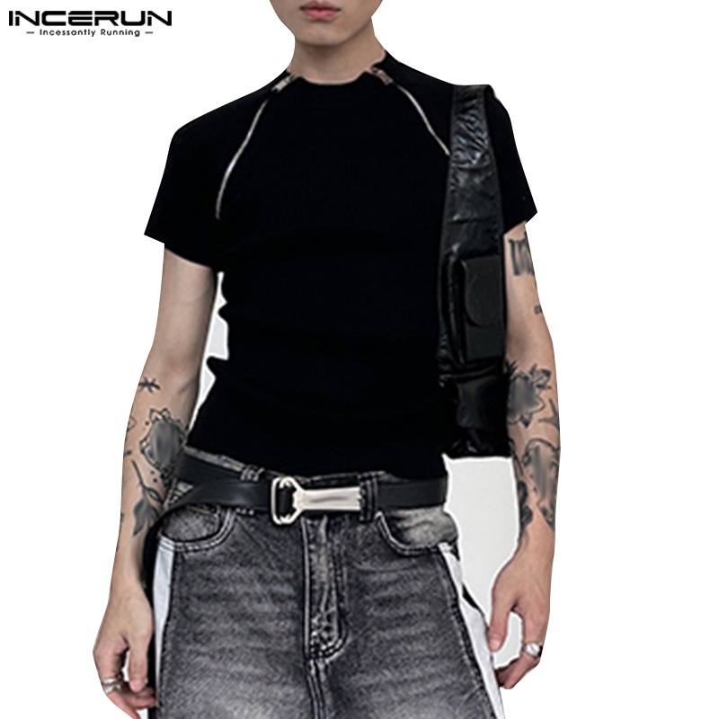 INCERUN Homens Com Zíper Coreano Design Slim Fit Camisetas De Manga Curta Listrada