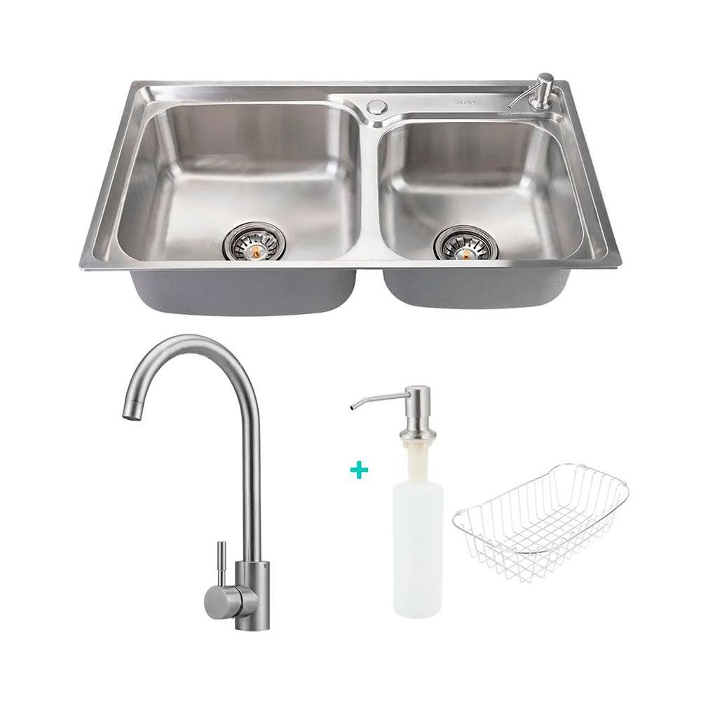 Cuba para cozinha pia dupla com acessórios Potiguara e Torneira misturador monocomando gourmet Tocantins Pingoo