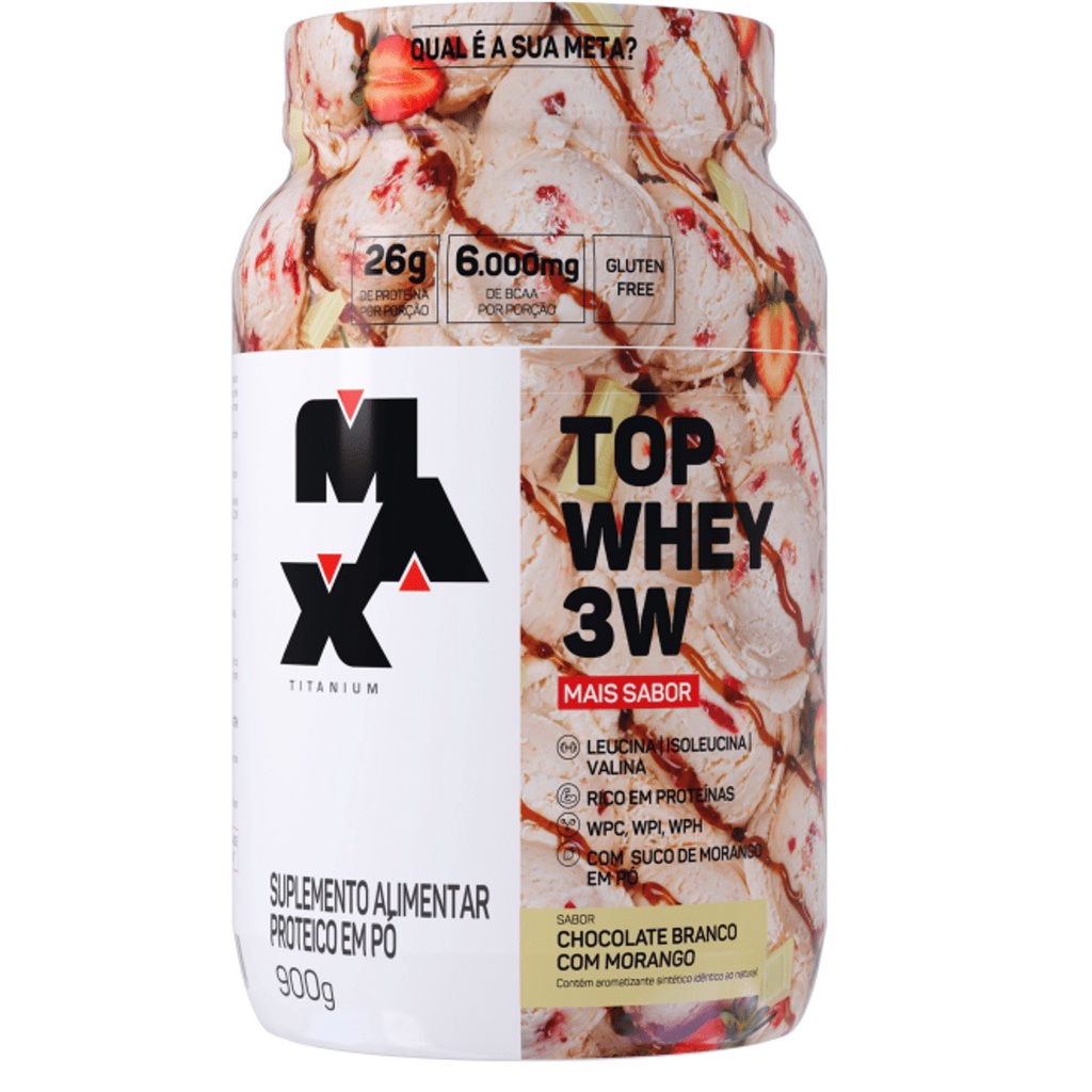 Whey Top Whey 3w Mais Sabor Pote 900g Sabor Chocolate Branco Com Morango Max Titanium