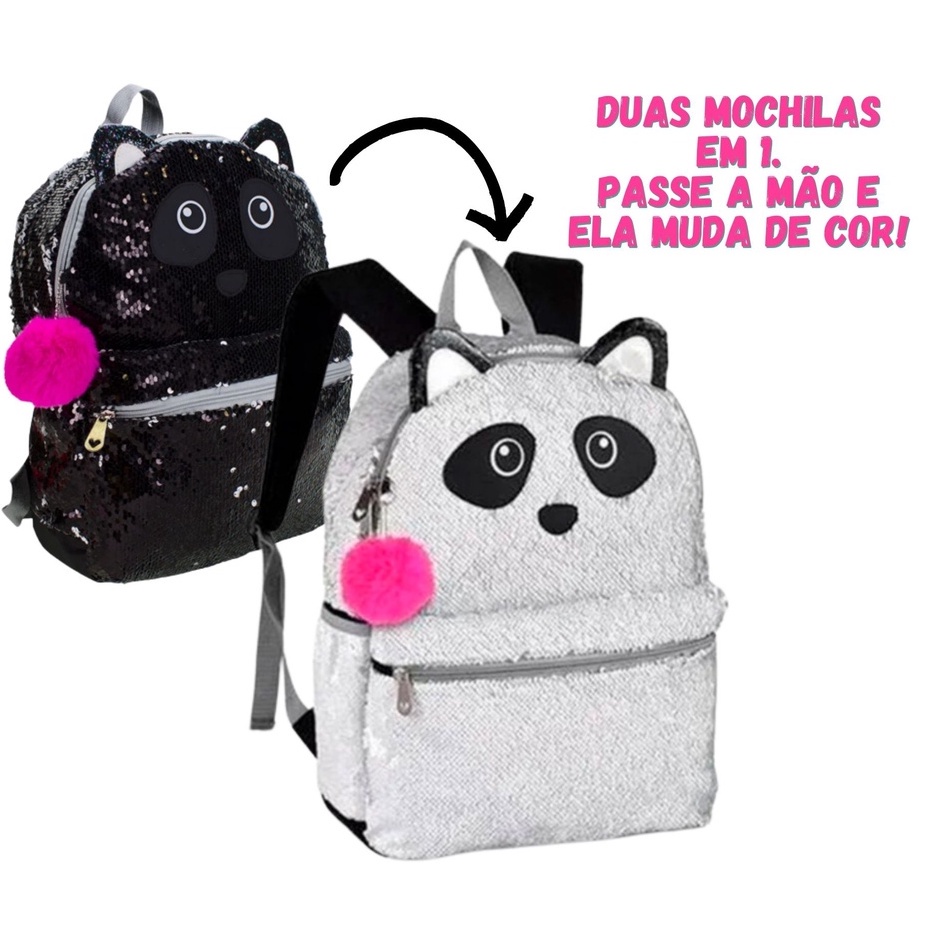 Mochila Panda Paete Brilho Lantejola - Muda de cor 2 em 1