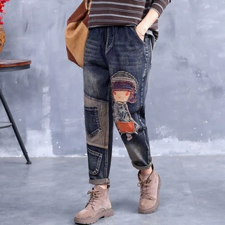 Calça Jeans Mulher Solta Outono Novo Estilo Casual Tamanho Grande Retro Bordada Harem Pants