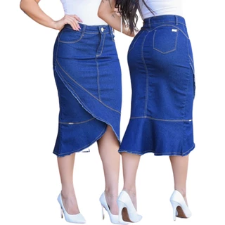 Saia Moda Evangelica Jeans Midi Transpassada Levanta Bumbum