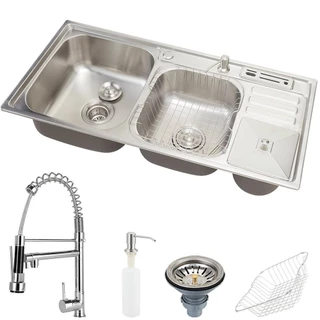 Cuba para cozinha pia dupla em aço inox com acessórios com lixeira Nukini e Torneira Gourmet Munim Pingoo