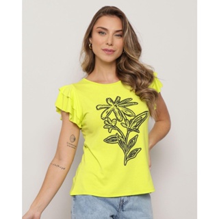 Blusa Feminina Estampa Com Strass Manga Curta Babado Verde Neon