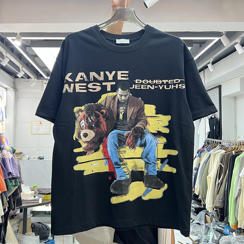 Estoque Pronto INS Super Hot High Street Kanye Bear Print Camiseta De Manga Curta De Algodão Para A Tripulação De Hip Hop Homens E Mulheres