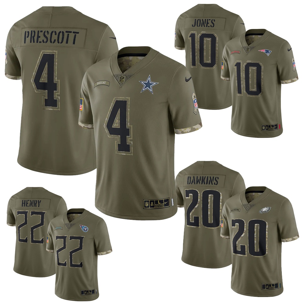 Mens Rugby Jersey Dallas Cowboys Dak Prescott #4 Nome do Jogador Bordado 2022 Saudação Olive RAIL