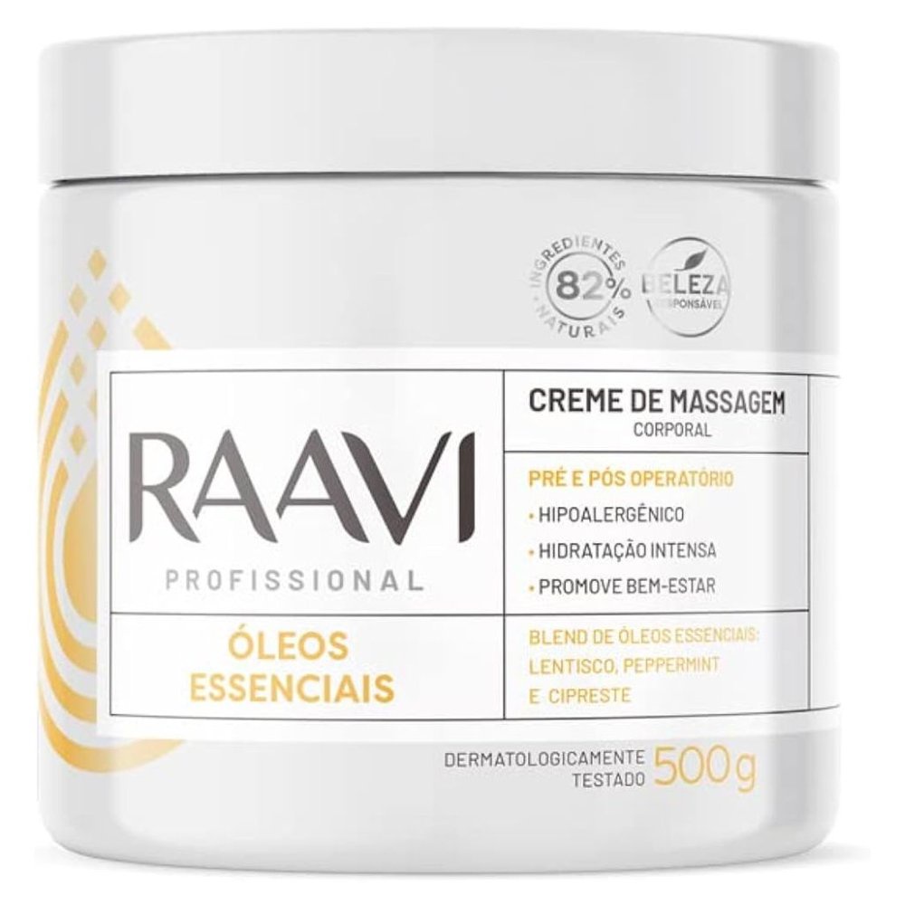 Imagem do produto Creme de Massagem Corporal Óleos Essenciais 500g Raavi - Nutrição, Aromaterapia e Toque Deslizante