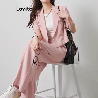 Lovito Conjunto De Calças Elegantes Com Fivela Lisa E Bolso Plissado Com Ombreiras Para Mulheres LNE44398