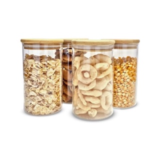 Kit 4 Pote Hermético De Vidro Com Tampa De Bambu Decoração Porta Tempero Organizador Porta Mantimentos Conjunto Cozinha Para Cantinho Do Café