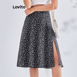 Lovito Saias Longas com Fenda Floral para Mulheres LBE03091 (Preto)