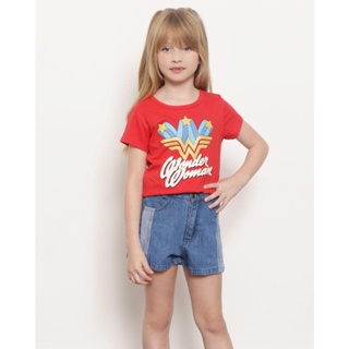 Camiseta Infantil Manga Curta Dc Comics Estampa Mulher Maravilha Vermelha