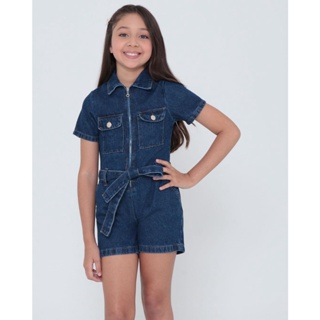 Macaquinho Jeans Infantil Zíper Azul Escuro