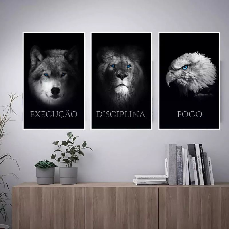 Quadro decorativo 3 telas Foco Execução e Disciplina