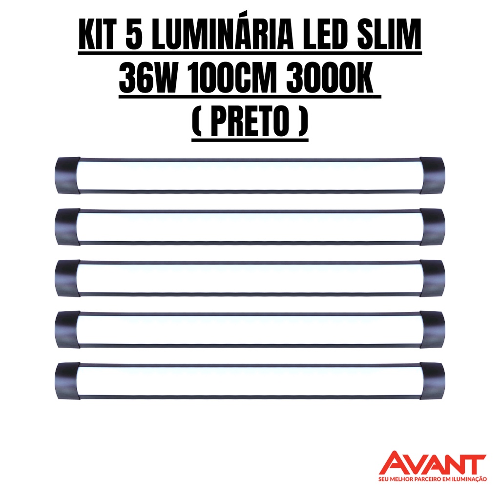 KIT 5 LUMINÁRIAS LED SLIM 36W 100CM PRETO 3000K AVANT Shopee Brasil