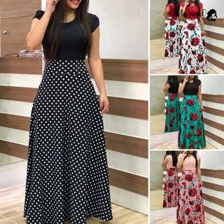 Mysweetgirl Mulher Floral Print Bloco Colorido Round Neck Beach Party Manga Curta Maxi Vestido