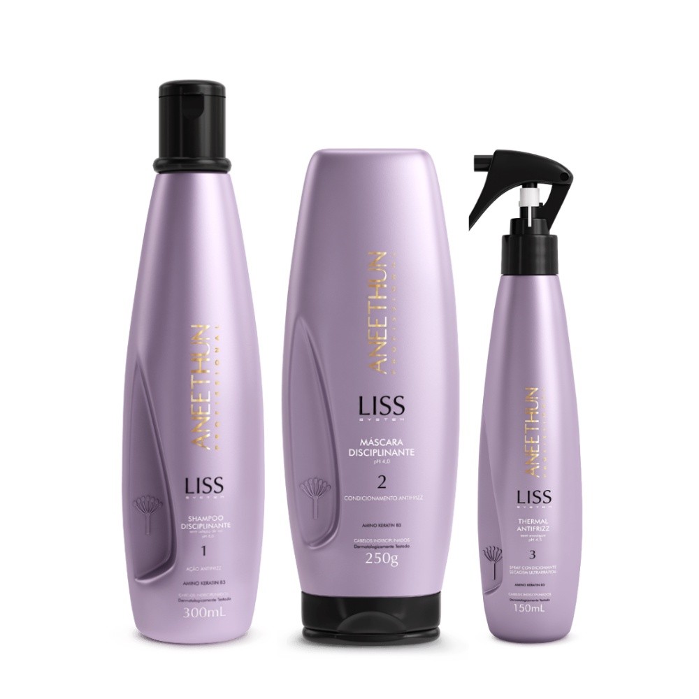 Kit Liss System Shampoo 300mL, Máscara 250g e Thermal Antifrizz 150mL Aneethun