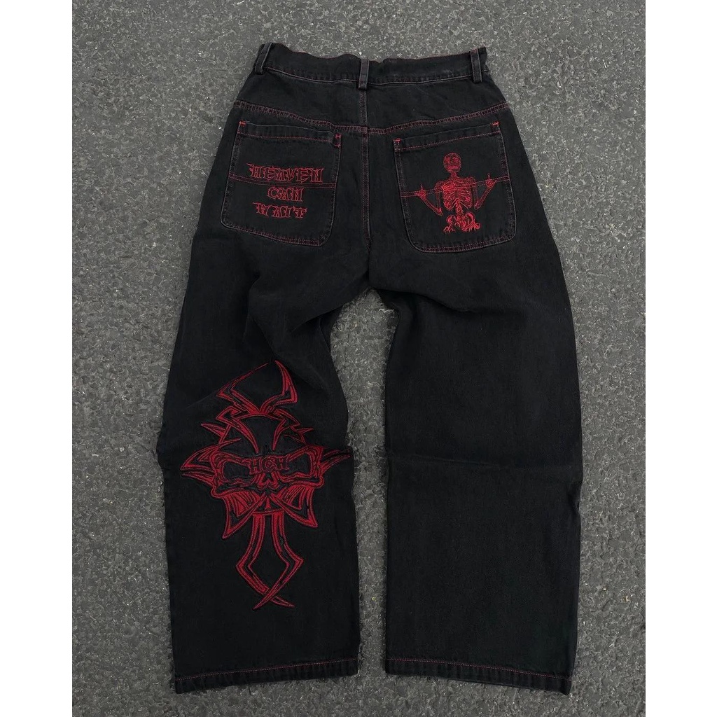 Y2K Jeans Homem Hip Hop Retro Skull Bordado De Crânio Lavado Calça De Ganga Baggy Nova Perna Larga Casual Reta