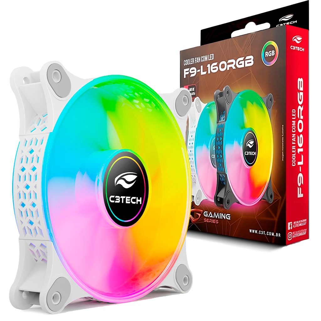 Cooler Fan Gamer Branco LED Rgb Efeito Rainbow Modo Random Para PC Gabinete 120MM Conector Molex Fonte F9-L160WH C3Tech