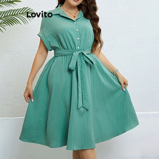 Lovito Vestido Casual Feminino Com Botão Frontal Liso E Renda Plus Size LNE31058 (Luz Verde)