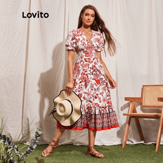 Lovito Boho Floral A Linha V Neck Wrap Ruffle Midi Vestido para Mulheres L45LD049 (Laranja Vermelho)