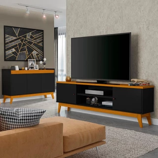 Conjunto Sala de Estar Buffet Ripado Rack 2 Portas 180cm
