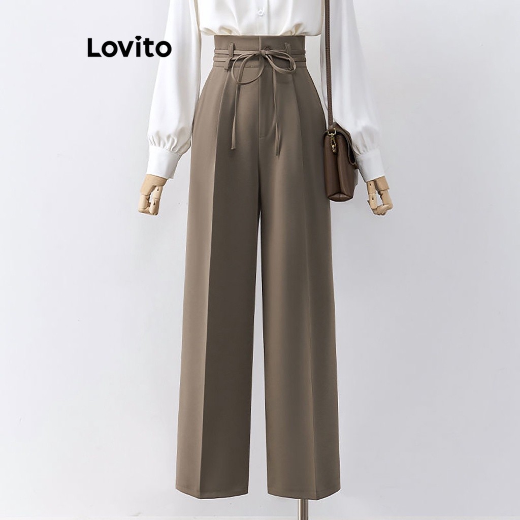 Lovito Elegante Calça Feminina Lisa de Amarrar LNE31118 (Marrom/Preto)