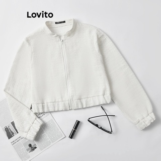 Lovito Jaqueta Casual Com Zíper Liso Para Mulheres LNE33208 (Branco)