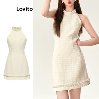 Lovito Vestido Elegante De Tweed Com Pérolas Lisas Para Mulheres L74ED164