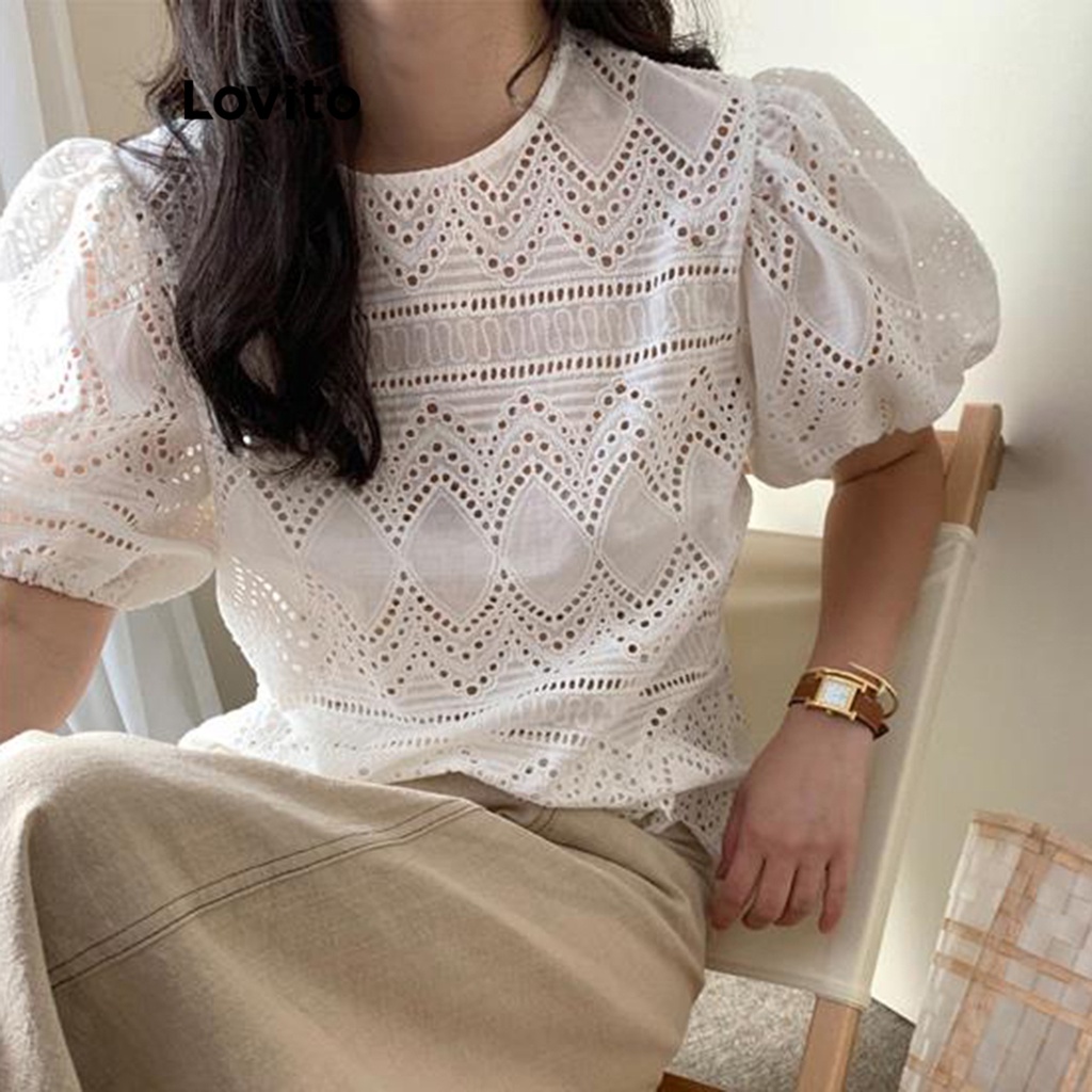 Lovito Blusa com Mangas Bufantes Lisa para Mulheres LNE21200 (Branco)