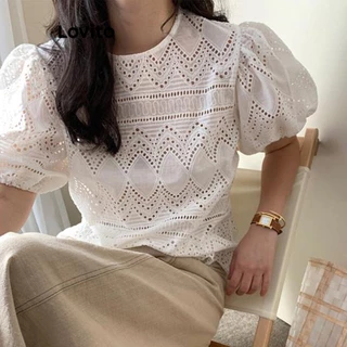 Lovito Blusa com Mangas Bufantes Lisa para Mulheres LNE21200 (Branco)