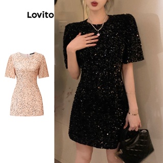 Lovito Casual Vestido Feminino Liso com Lantejoulas LNA26116 (Preto)