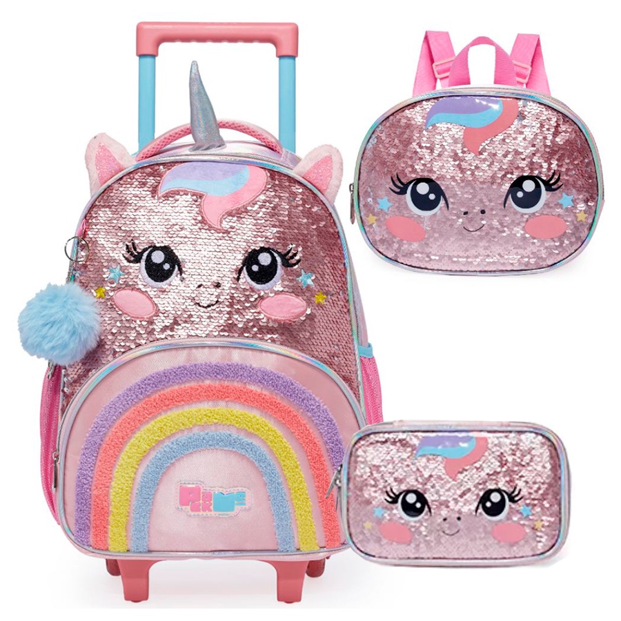 Mochila Rodinha + Lancheira + Estojo Pack Me Sweet Unicornio