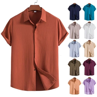 [13 Cores] 2023 Novo Algodão Homens & Linho Botão Casual Camisa de Manga Curta Lisa Plus Size Azul Marinho Branco Marrom Claro Cáqui Vinho Vermelho Roxo Verde Laranja