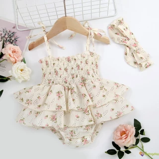 Conjunto De Macacão De Verão Para Bebês Com Floral Sem Mangas Romper Fita De Cabeça De Arco