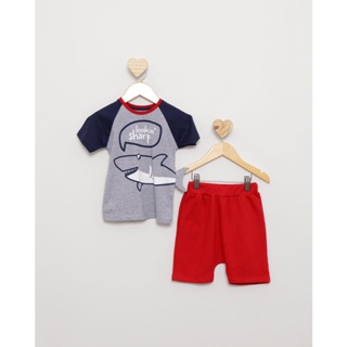Conjunto Bebe Manga Curta Estampa Interativa Tubarão Cinza